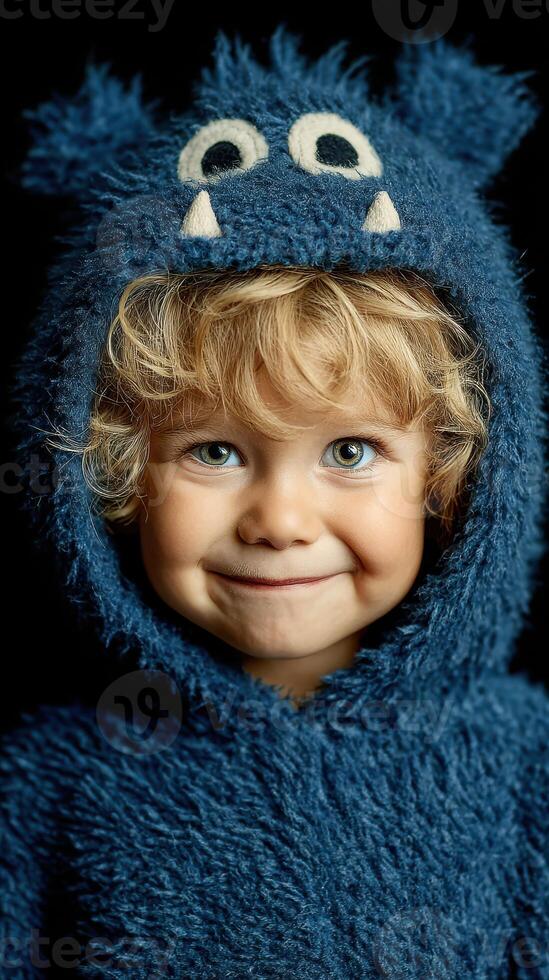 Cute child wearing blue monster hoodie smiles happily with curly hair against a dark background photo