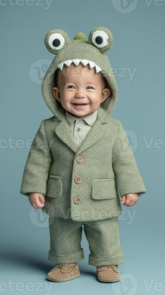 Charming toddler in green monster outfit smiles cheerfully during indoor photoshoot photo