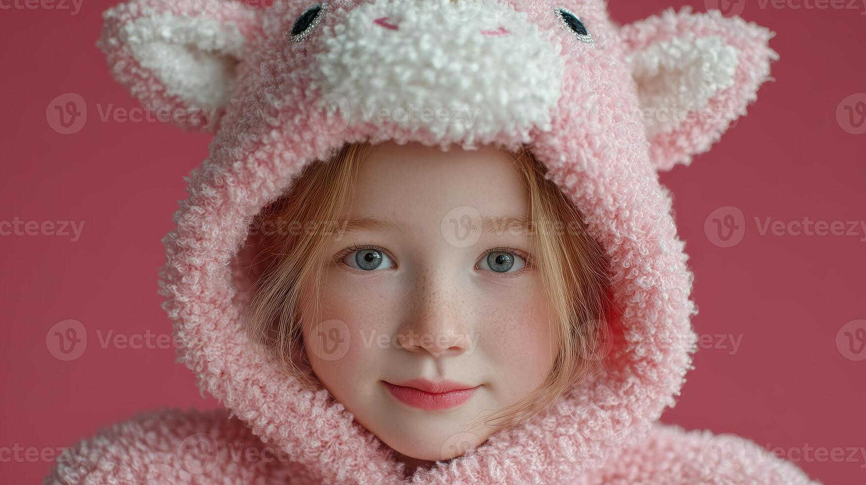 Young girl wearing a cozy pink animal hoodie posing against a soft pink background during a bright indoor setting photo