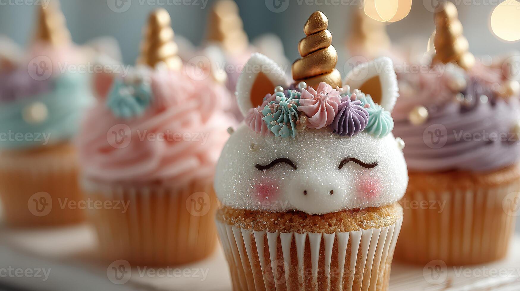 Colorful cupcakes with unicorn designs and decorative icing in a cozy bakery setting photo