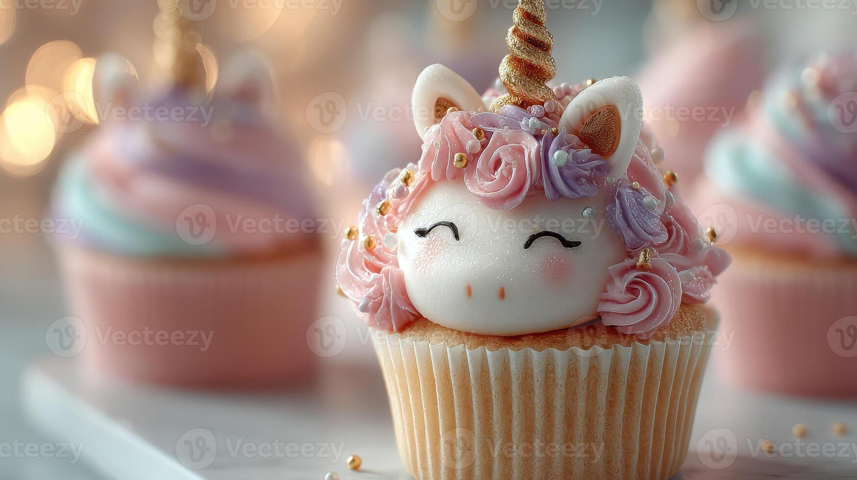 Colorful unicorn cupcakes with pastel frosting and decorative details are displayed on a counter in a cozy bakery setting photo