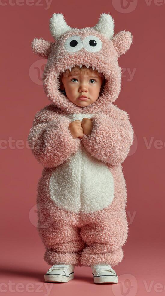 Cute toddler dressed in a fluffy monster costume stands against a pastel background in a playful and adorable pose photo