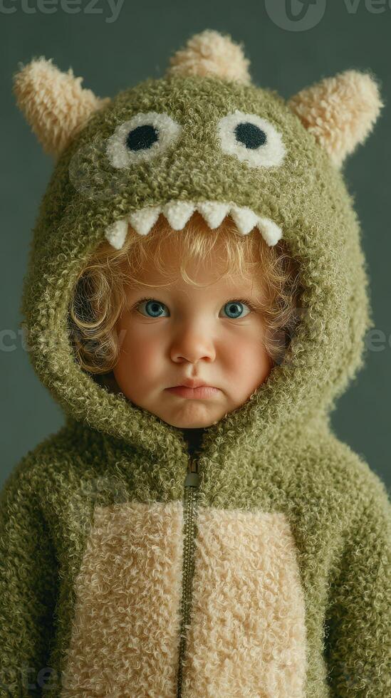 Young child wearing green monster hoodie with furry texture poses for a portrait against a plain background photo