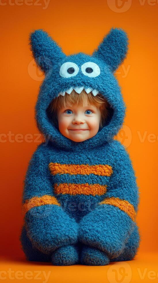 Child smiles playfully in a fluffy blue monster costume against a vibrant orange backdrop during a cozy afternoon indoors photo