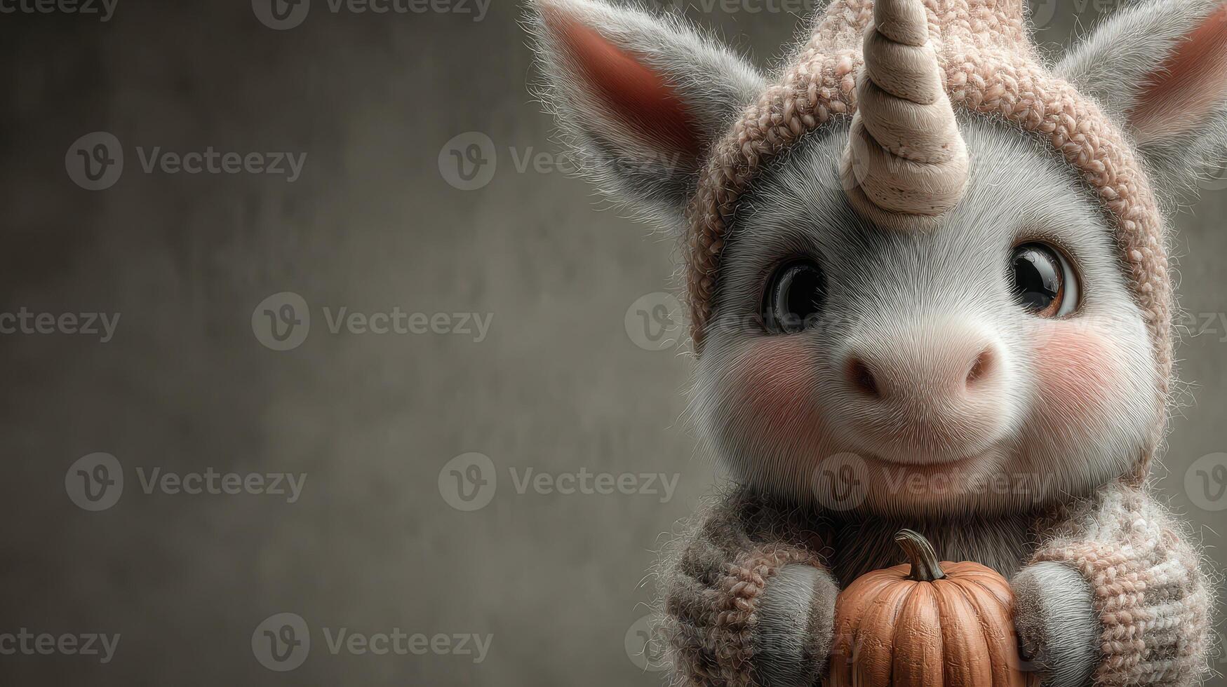 Cute unicorn character holds a small pumpkin in a cozy setting with soft lighting during autumn festivities photo