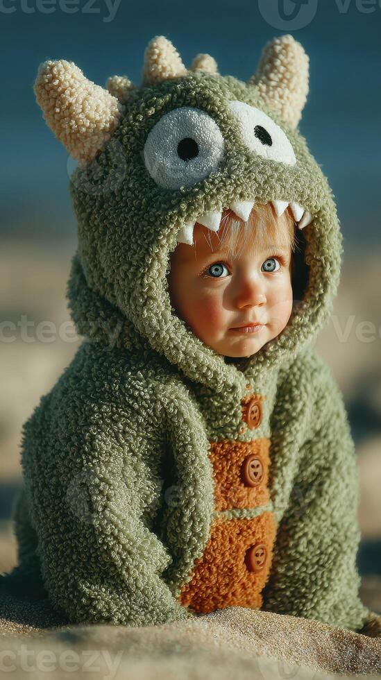 Child in monster hoodie enjoys sunny beach day while sitting on soft sand and looking curiously at surroundings photo