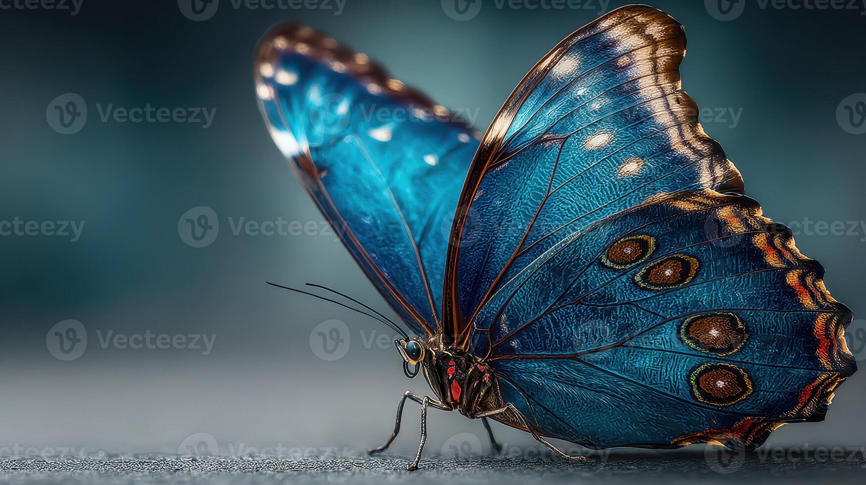 Beautiful blue butterfly resting on a surface with intricate wing patterns in soft lighting photo
