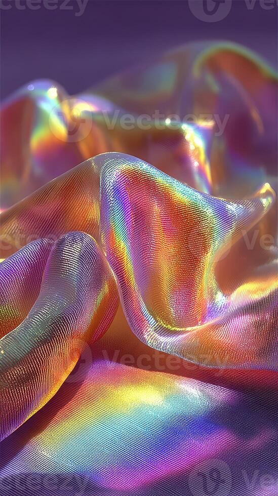Colorful iridescent fabric draped gracefully on a surface reflecting light and creating vibrant hues photo