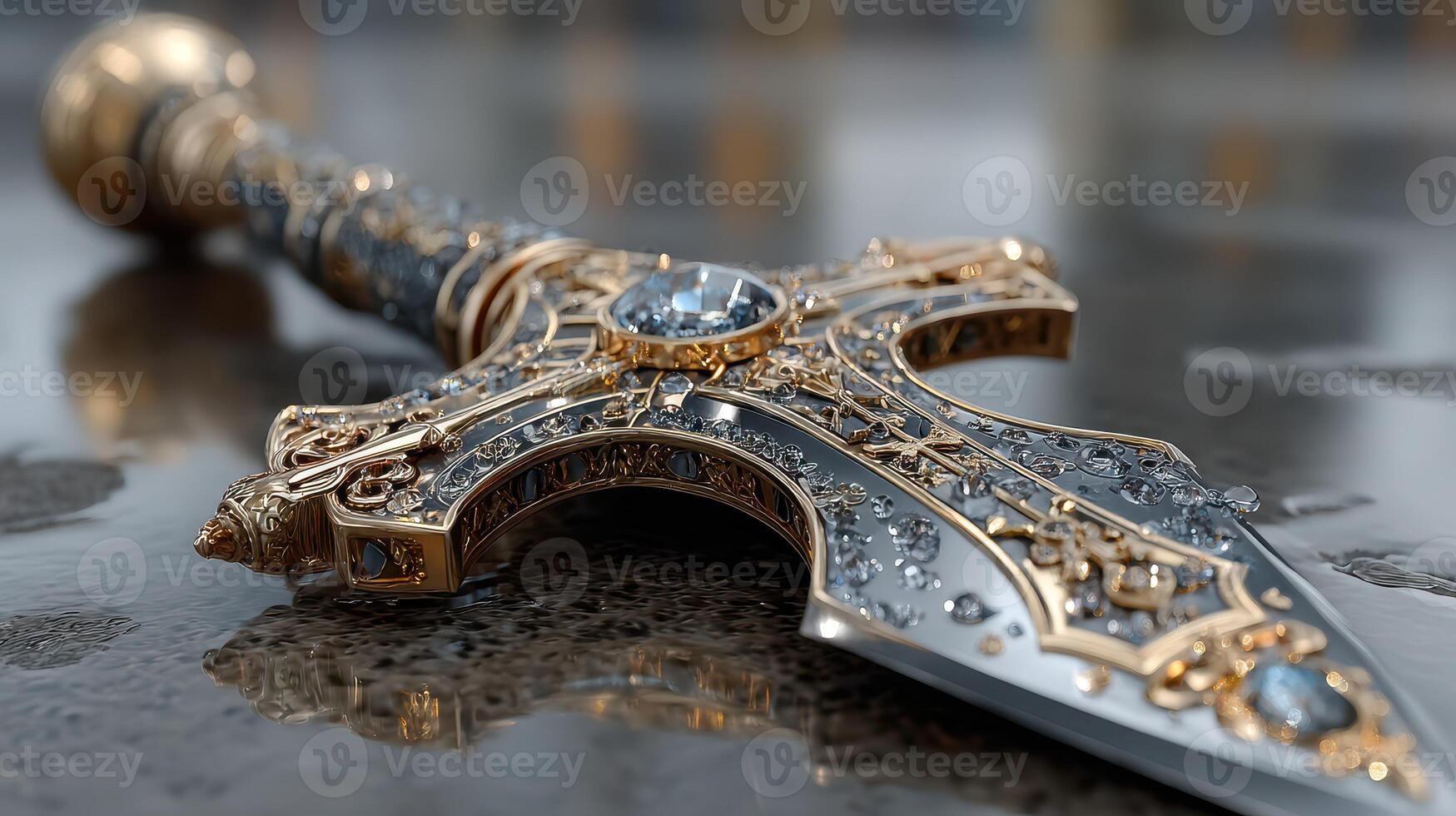 Exquisite ornate sword displayed on a reflective surface with intricate detailing and gemstones glimmering in bright light photo