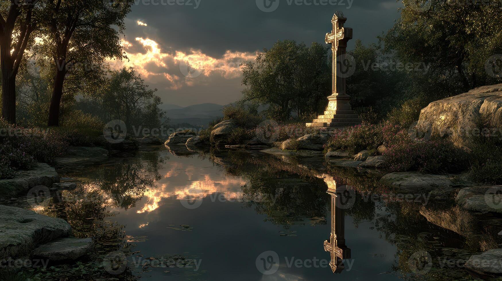 Sunset reflection over a tranquil pond featuring a stone cross surrounded by trees and hills photo