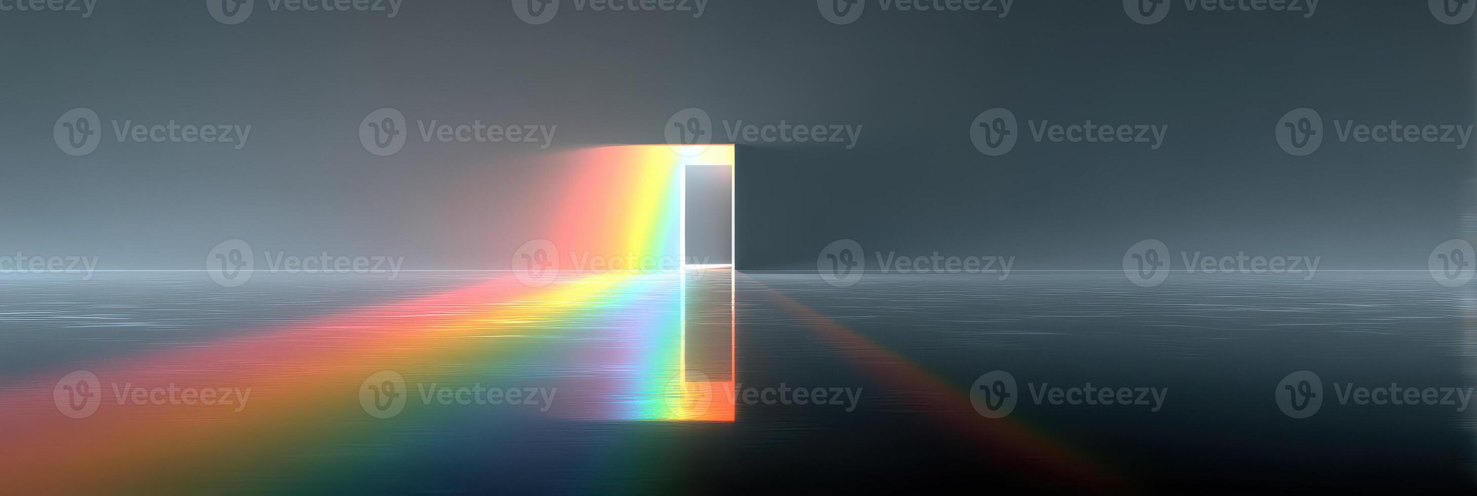 Light bursting through a door creates a colorful rainbow reflection on a glossy surface photo