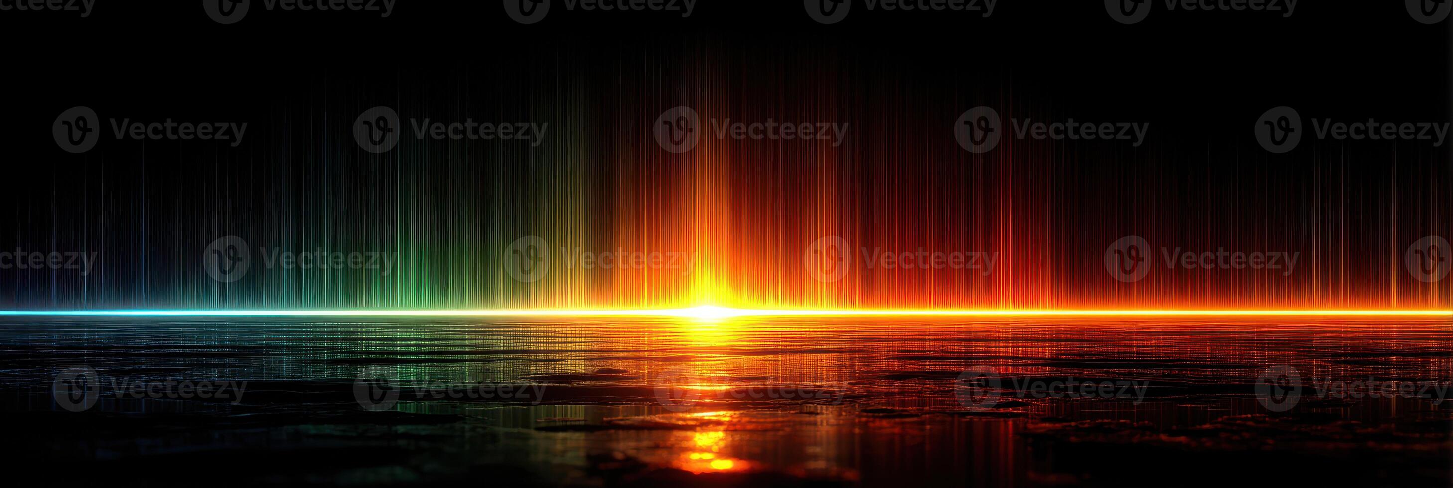 Vibrant sunset reflection over calm water with colorful light streaks illuminating the horizon at twilight photo