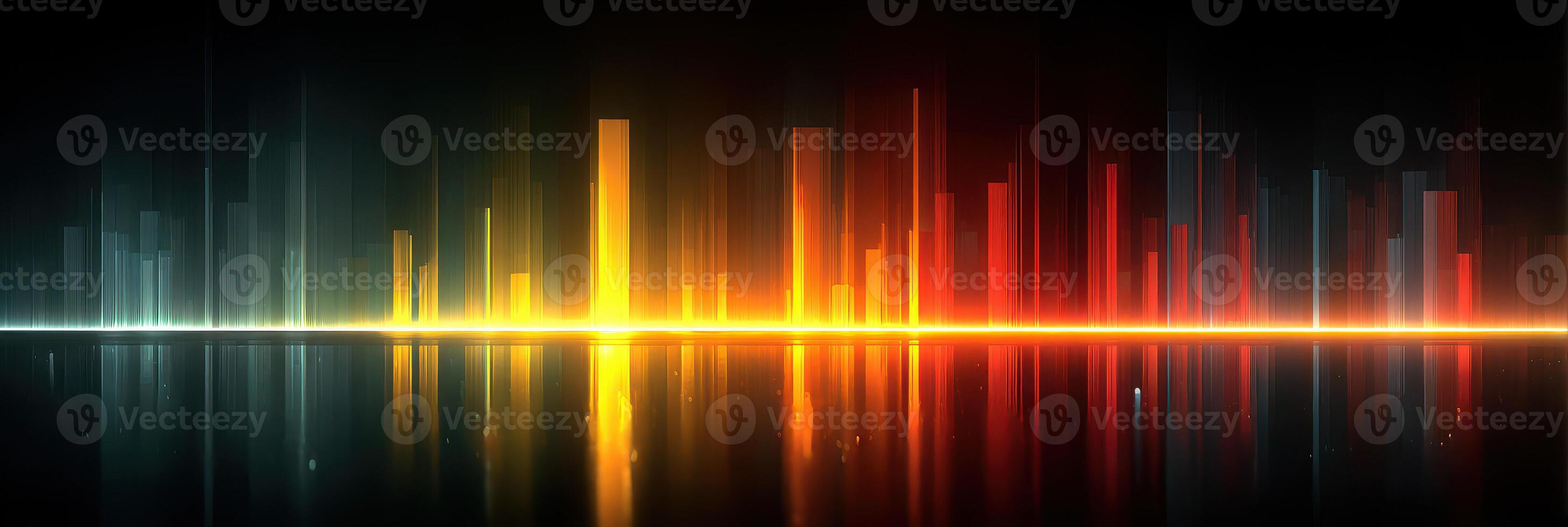 Colorful light spectrum reflecting on a dark surface with varying heights and brightness at night photo
