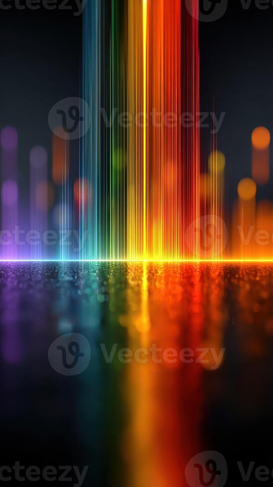 Colorful light beams create an abstract visual experience in a dark setting with a reflective surface photo