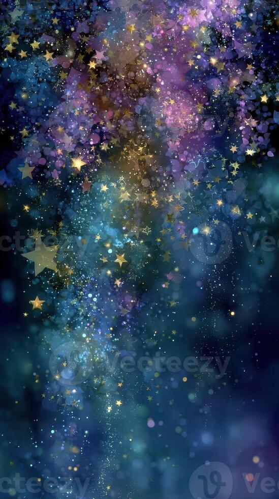 Starlit night sky with shimmering stars and colorful cosmic dust above a tranquil blue background photo