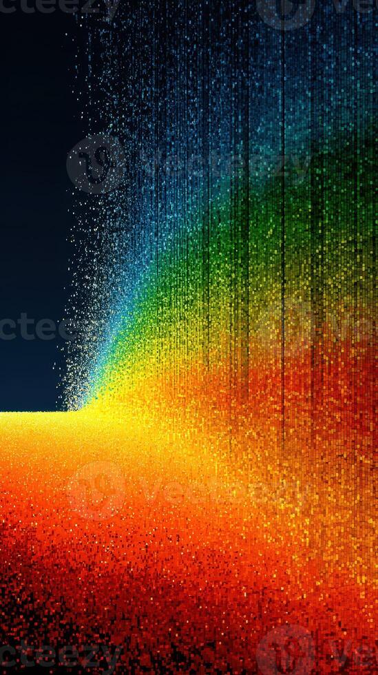 Vibrant digital art depicting a colorful wave of light cascading from darkness into bright hues at twilight photo