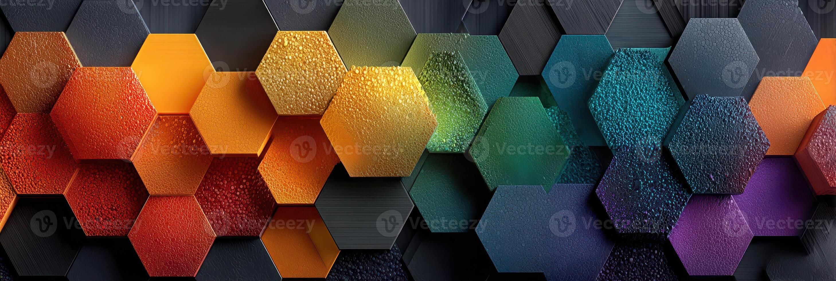 Colorful hexagonal patterns create a vibrant abstract design showcasing texture and depth in modern art presentation photo