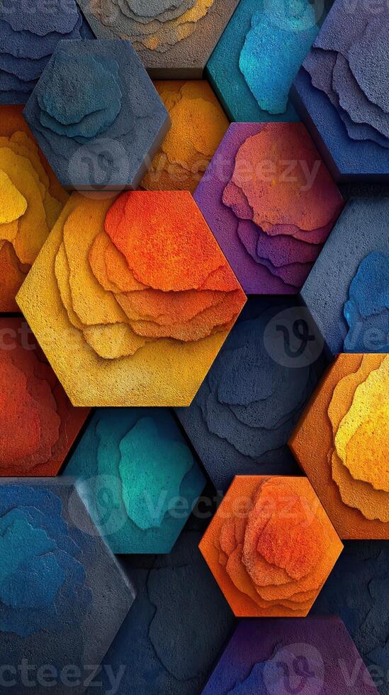 Colorful hexagonal patterns create an abstract representation of layers in textured art installation photo