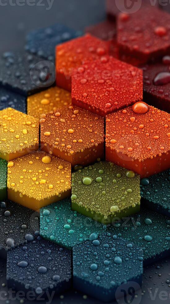 Colorful hexagonal tiles with water droplets in vibrant hues arranged in a pattern on a surface photo