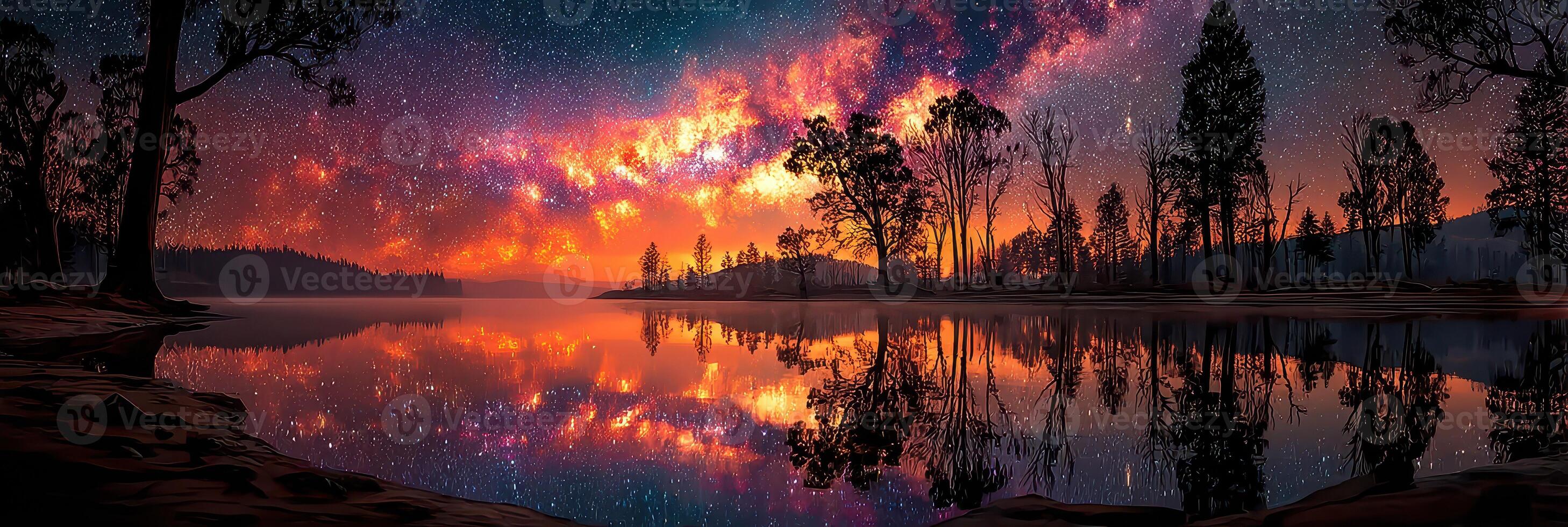 Starry night over a tranquil lake reflecting a vibrant Milky Way in a serene landscape photo
