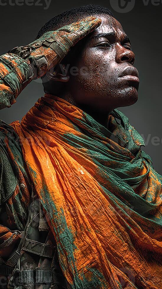 Soldier in vibrant orange and green attire salutes while embodying determination and strength in a dramatic portrait photo