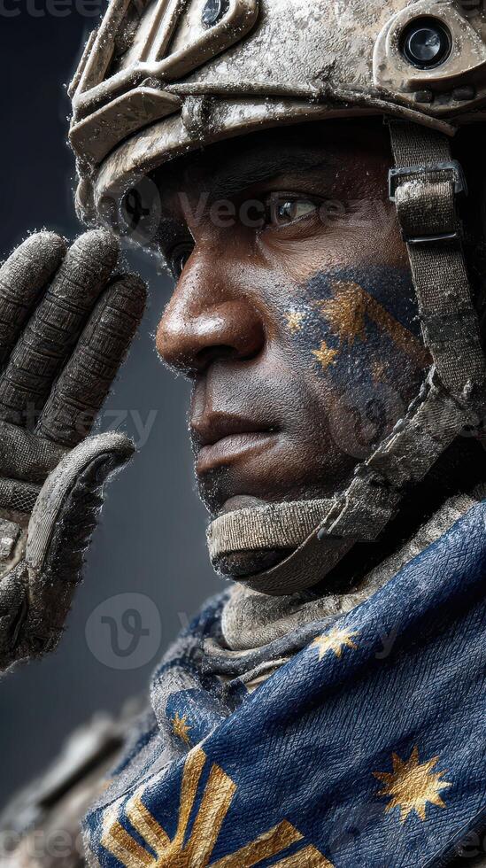 Soldier saluting with snow-covered attire in a winter landscape displaying national pride and resilience photo