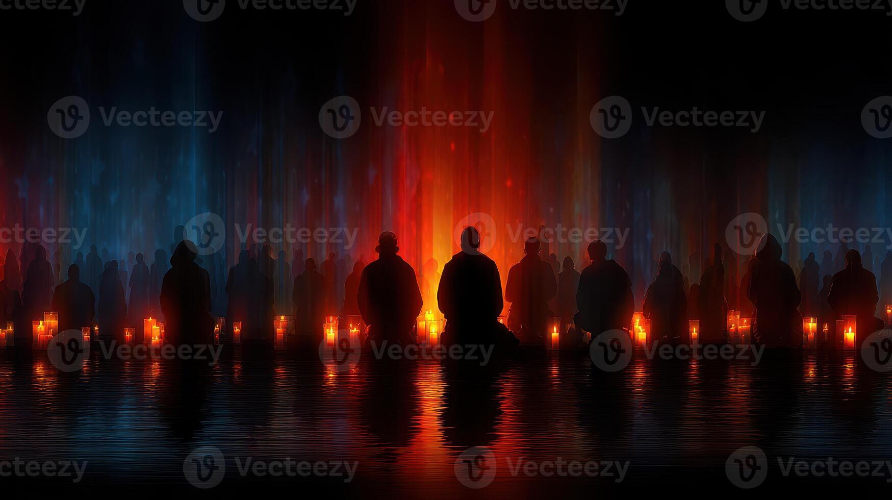 Gathering of meditating individuals in a serene environment with flickering lights at dusk photo