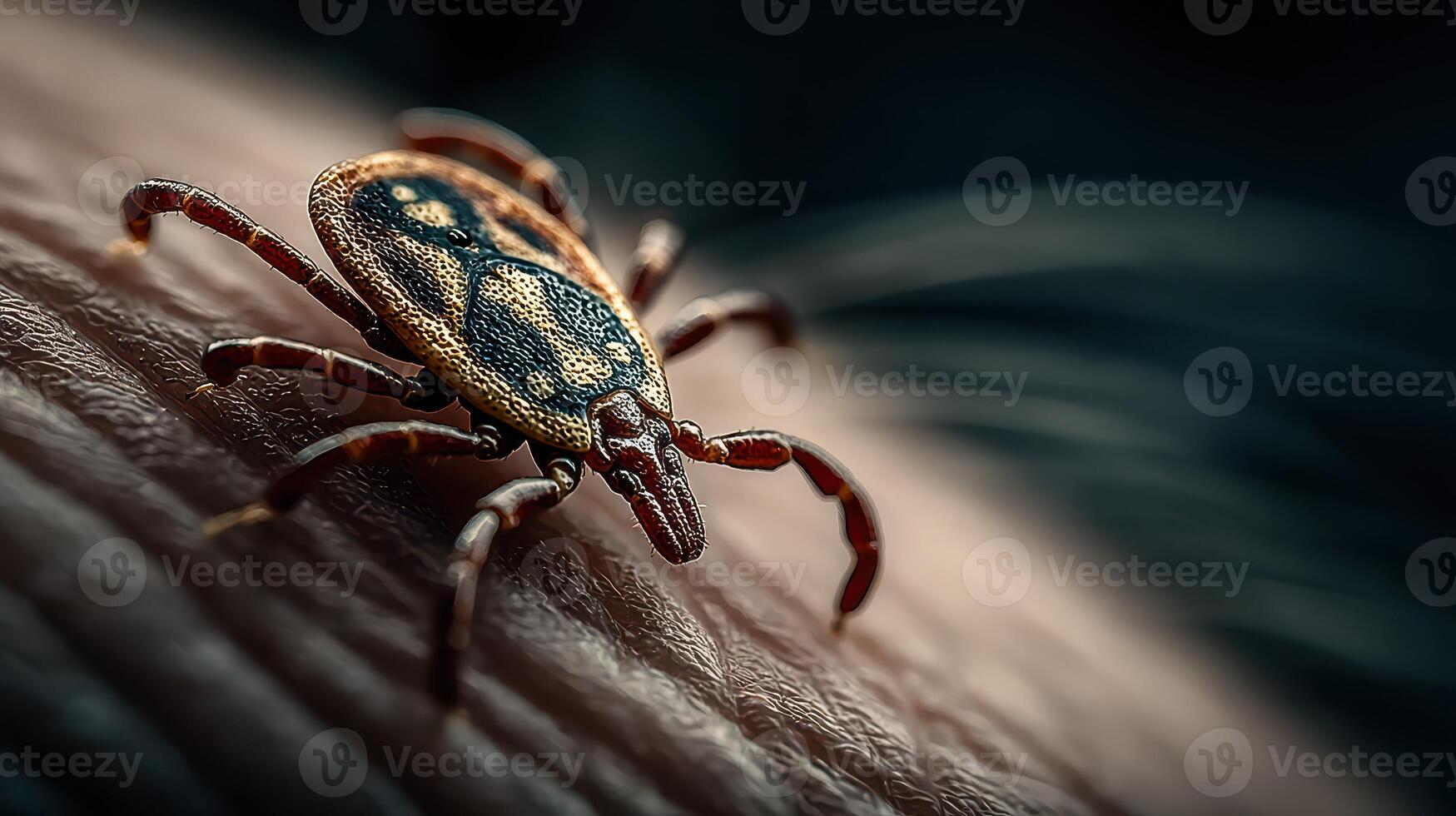 Close-up view of a tick crawling on human skin in a natural environment on a sunny day photo