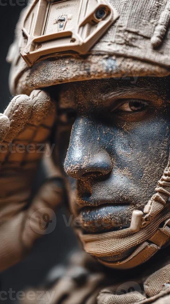 Soldier saluting with determination, showcasing grit and resilience amidst challenging conditions photo