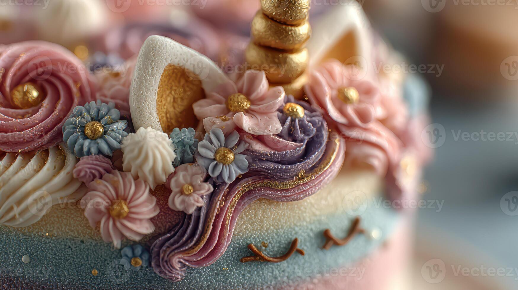 Colorful unicorn cake decorated with flowers and swirls captured in a bakery setting during daytime photo