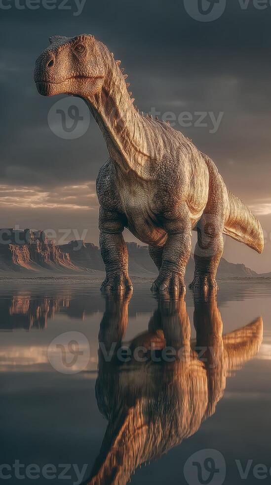 Dinosaur standing majestically in a tranquil lake under a dramatic sky at sunset photo