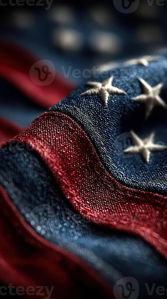 Close-up view of a waving American flag showcasing its vibrant colors and detailed stitching during a sunny afternoon photo