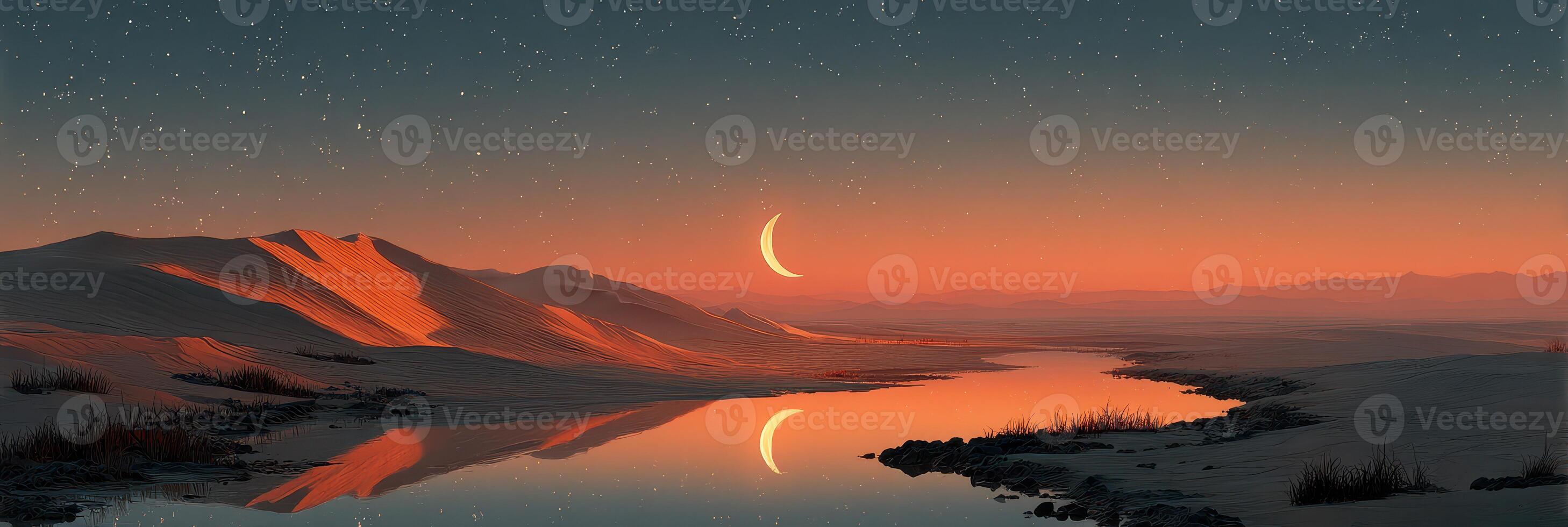 Sunset over a serene desert landscape with a crescent moon shining brightly photo