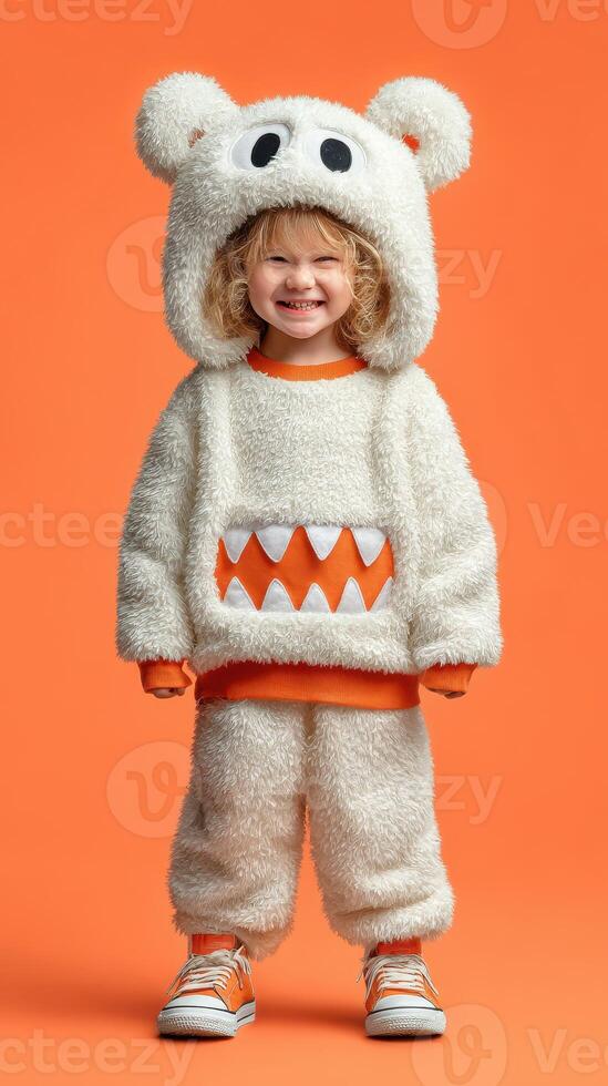 Cute child wearing a fluffy monster costume poses against a vibrant orange background during a playful indoor photo session