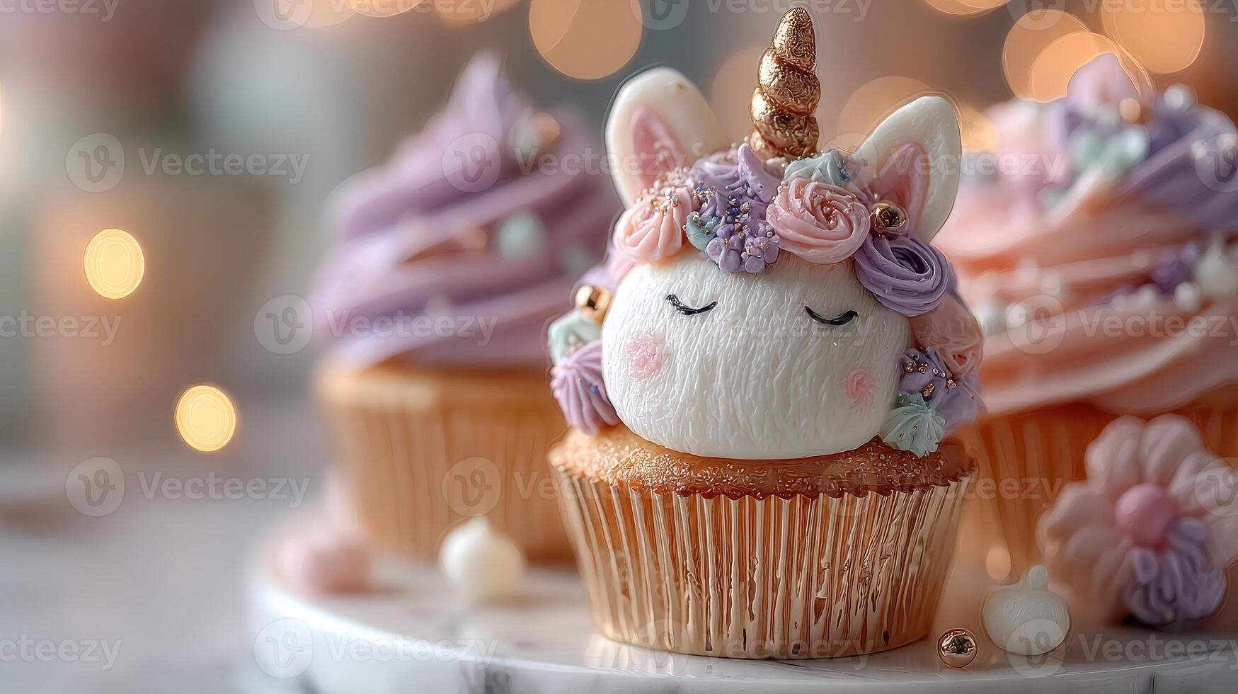 Delightful unicorn cupcakes adorned with intricate decorations on a festive dessert table photo