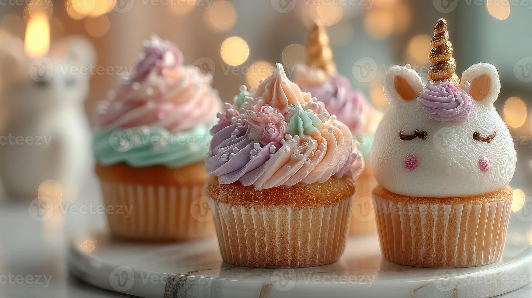 Colorful unicorn cupcakes displayed on a marble stand with festive bokeh lights in the background during an afternoon gathering photo