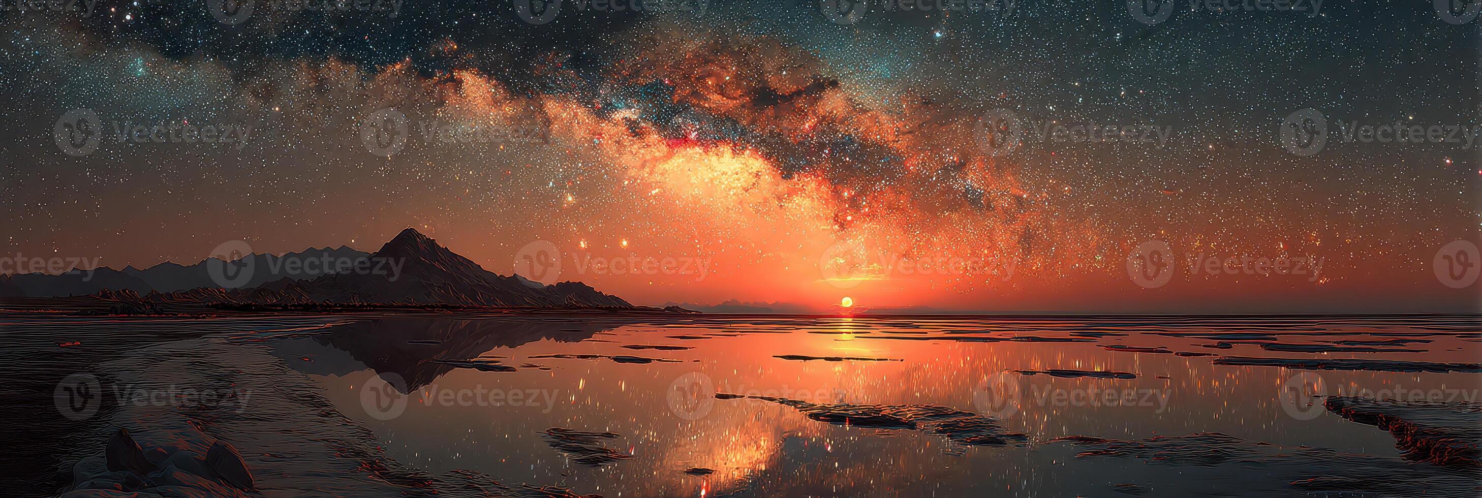 Stunning night sky over tranquil lake with reflection of the Milky Way at sunset near mountains photo