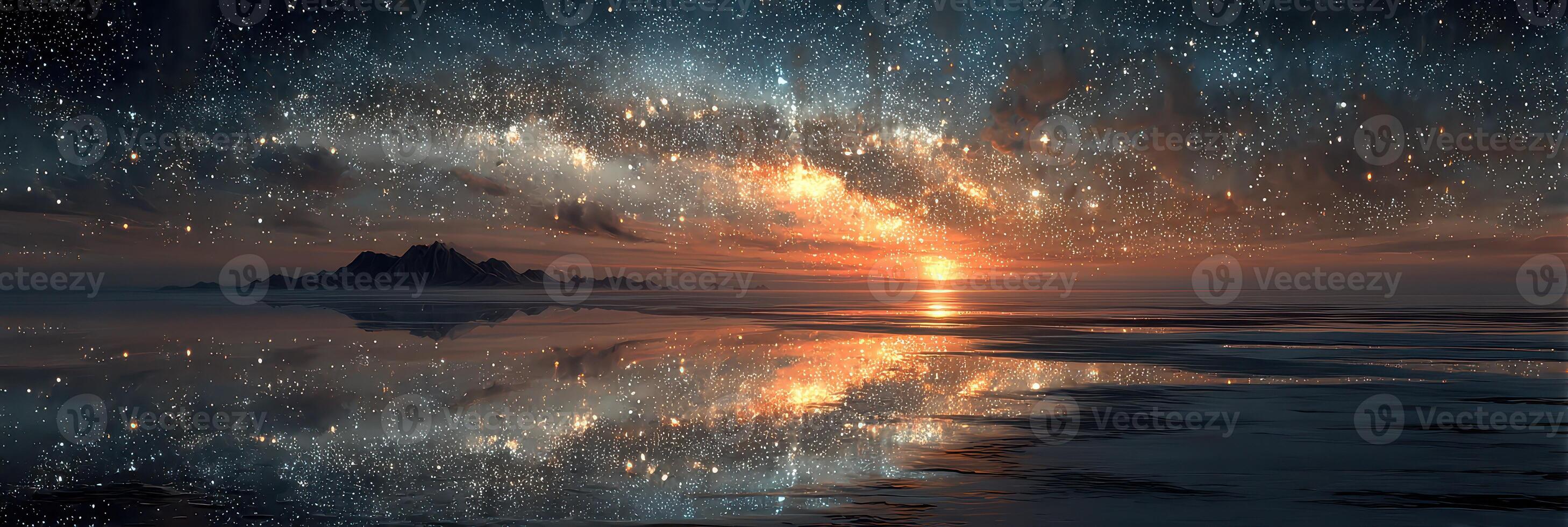 Stunning view of the starry sky reflecting over a calm body of water during sunset at a remote location photo