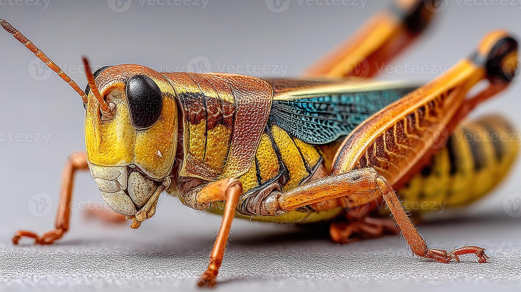 Colorful grasshopper on a surface showcasing intricate detail and vibrant patterns during daytime observation photo