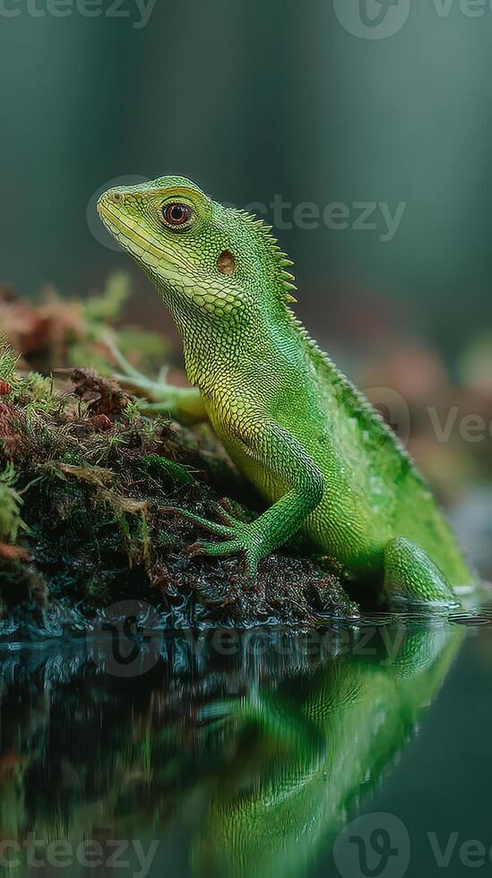 Green lizard perched on mossy rock near water in a serene forest setting, capturing tranquil moment at early morning light photo