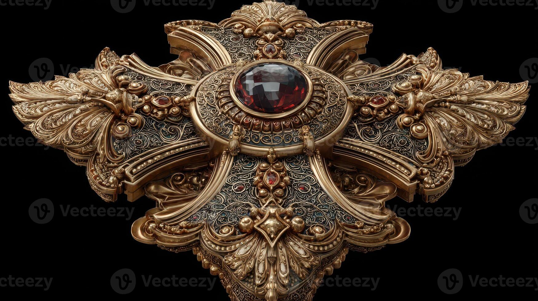 Intricately designed golden cross with a large gemstone centerpiece on a black background showcasing fine craftsmanship and detail photo