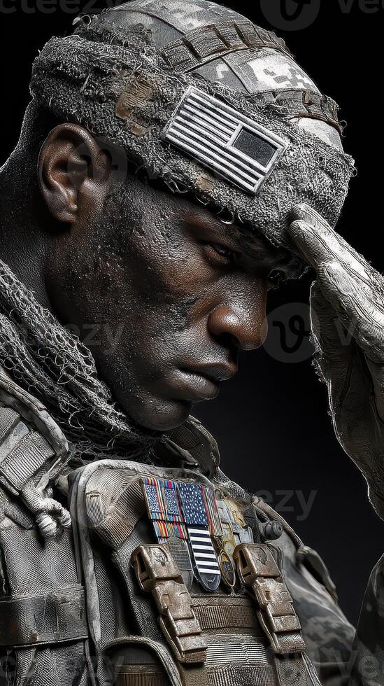Soldier saluting during dusk, showcasing service medals and military attire photo