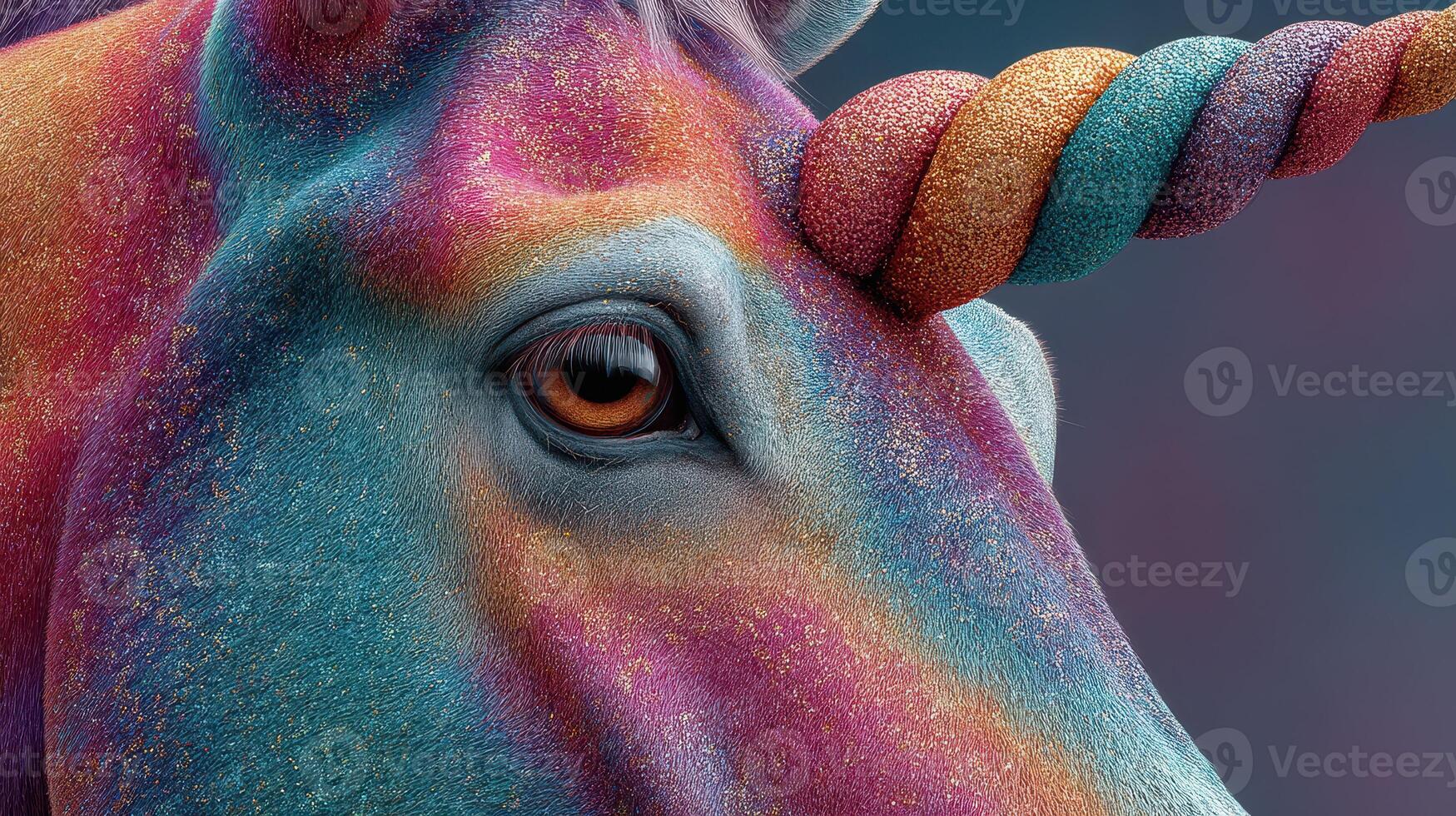Colorful unicorn close-up showcases vibrant mane and sparkling horn against a soft gradient background photo