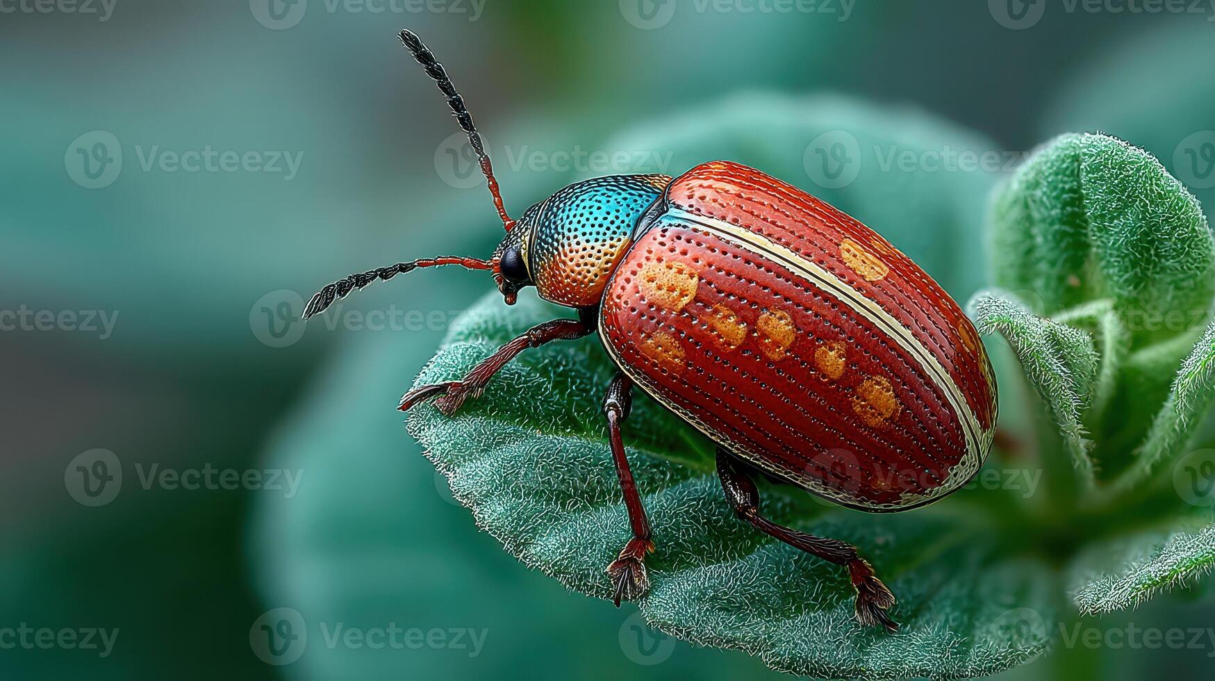 Colorful beetle resting on green leaf in a natural habitat, showcasing intricate patterns and vibrant colors photo