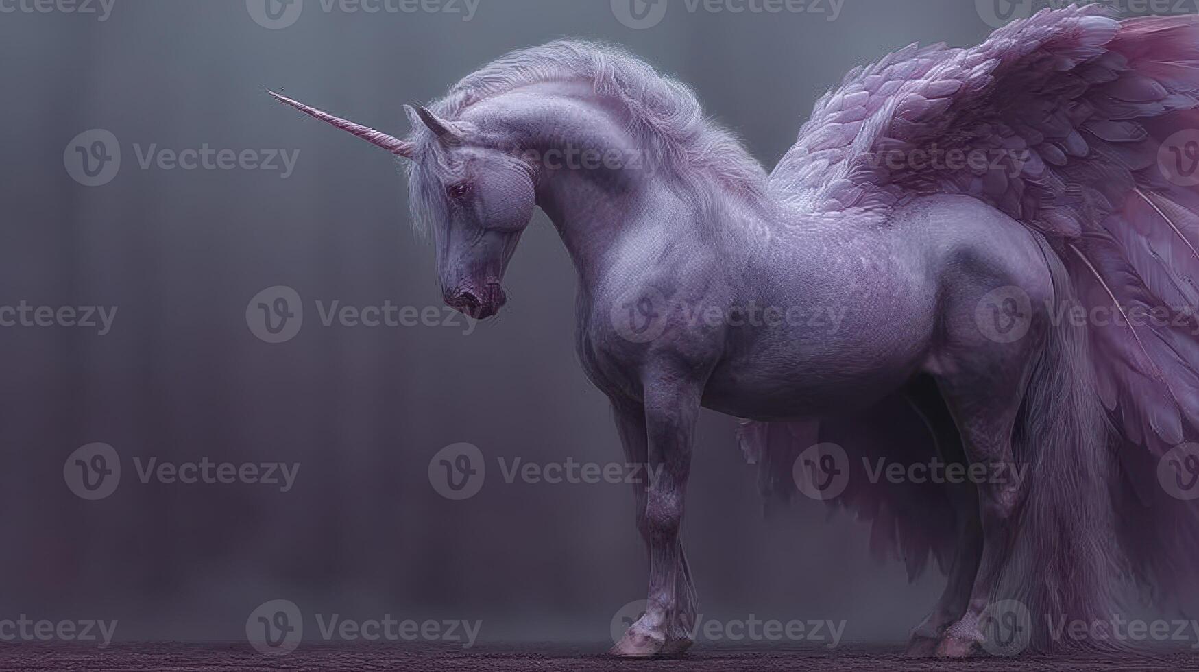 Majestic winged unicorn standing gracefully in a mystical, softly-lit environment during twilight photo