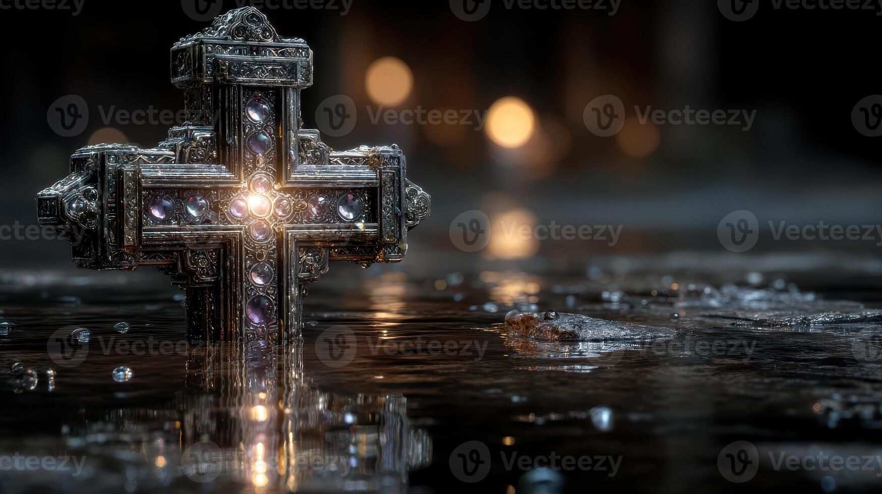 Ancient cross resting on reflective surface surrounded by soft glowing lights in a dimly lit environment photo