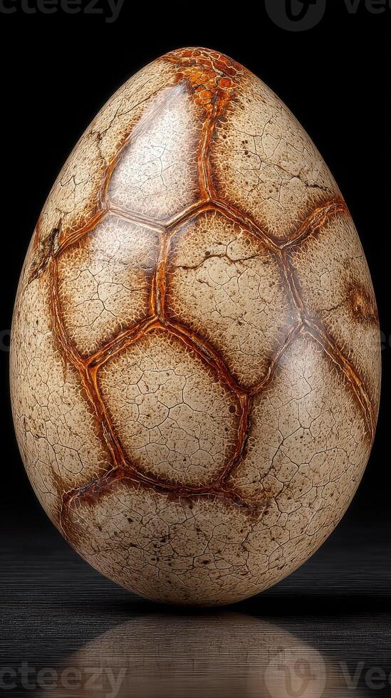 Unique textured egg displayed on dark background highlighting its intricate patterns and colors photo