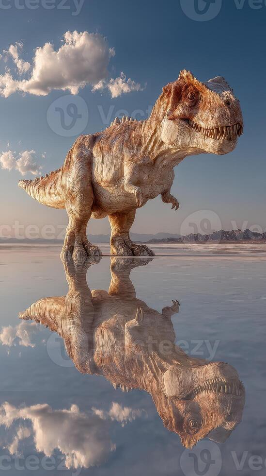 Dinosaur sculpture standing in shallow water during sunset reflects the sky and landscape photo