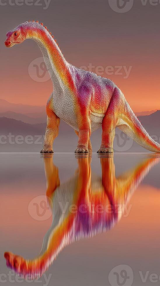 Colorful dinosaur reflects in water during sunset at a serene landscape with mountains in the background photo