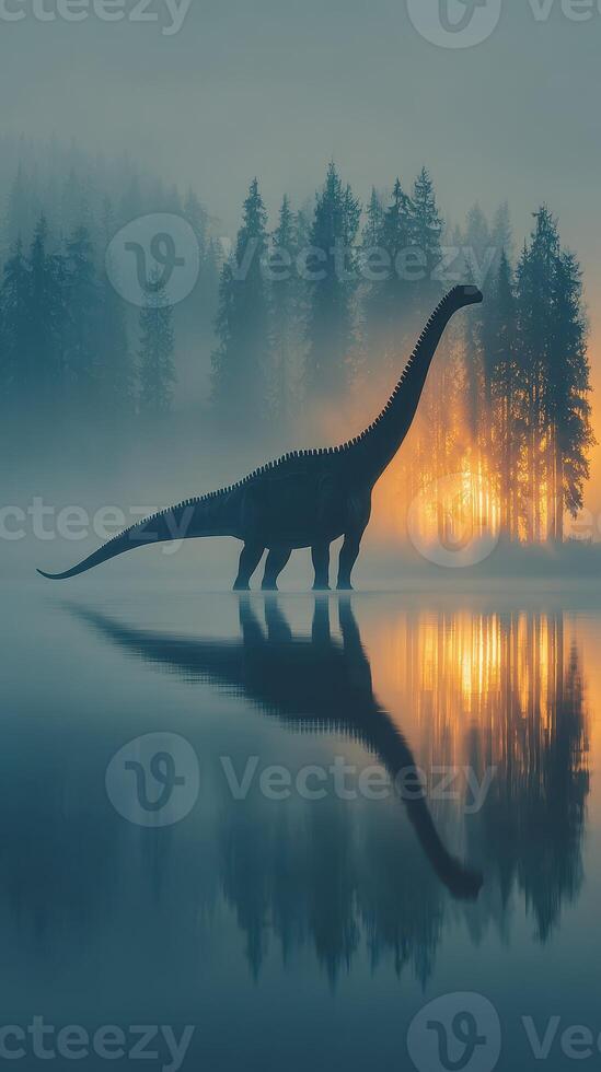Silhouetted dinosaur stands in misty lake at dawn with trees reflecting sunlight photo